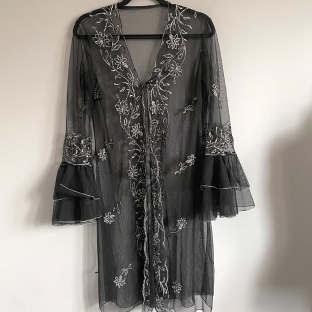 🛑 Vintage Black Mesh Mid-Length Cover-up Robe - Small/Medium - Picture 9 of 10